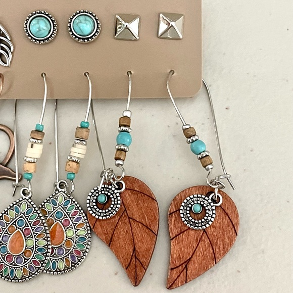 Boho Leaf Shells Feathers Birds Earring Set - Picture 3 of 5